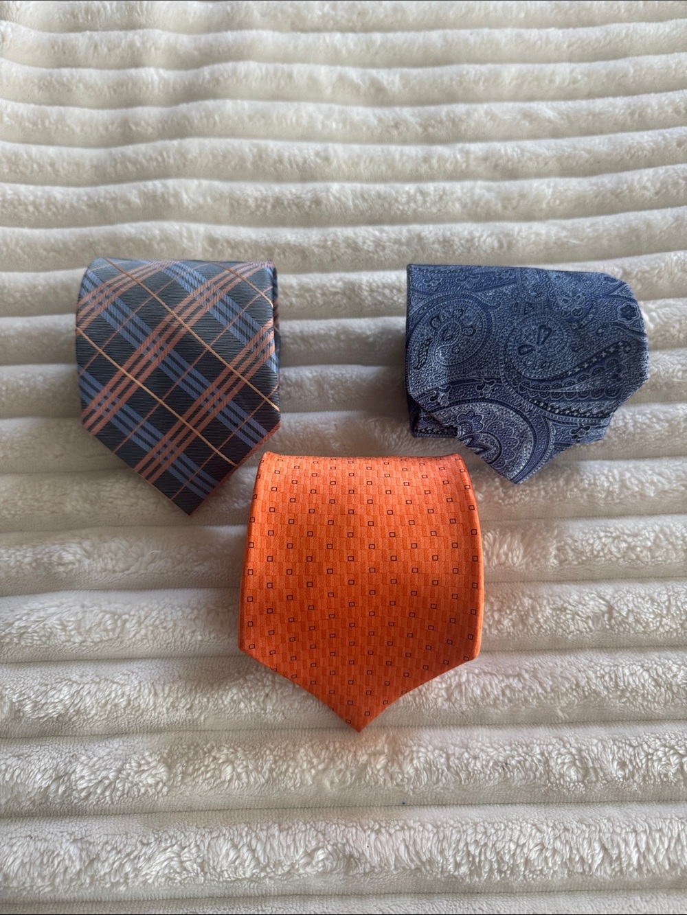 Classic Men's Tie Trio - Blue Plaid, Orange Geometric & Navy Paisley - Picture 9 of 10